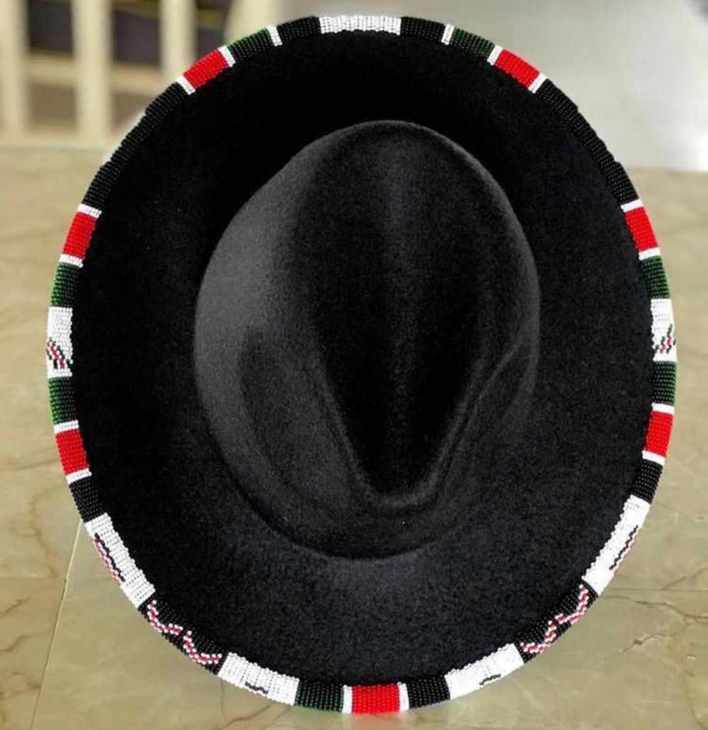 Handcrafted Maasai beaded unisex fedora hat by Nolari featuring vibrant colourful traditional African seed bead patterns on genuine leather, made in Kenya for Moransbead
