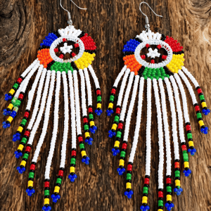 Handcrafted Maasai beaded drop dangle earrings by Kisieku featuring vibrant colourful traditional African seed bead patterns, lightweight and elegant, made in Kenya for Moransbead