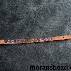 Colorful beaded dog collar with leather strap and metal buckle.