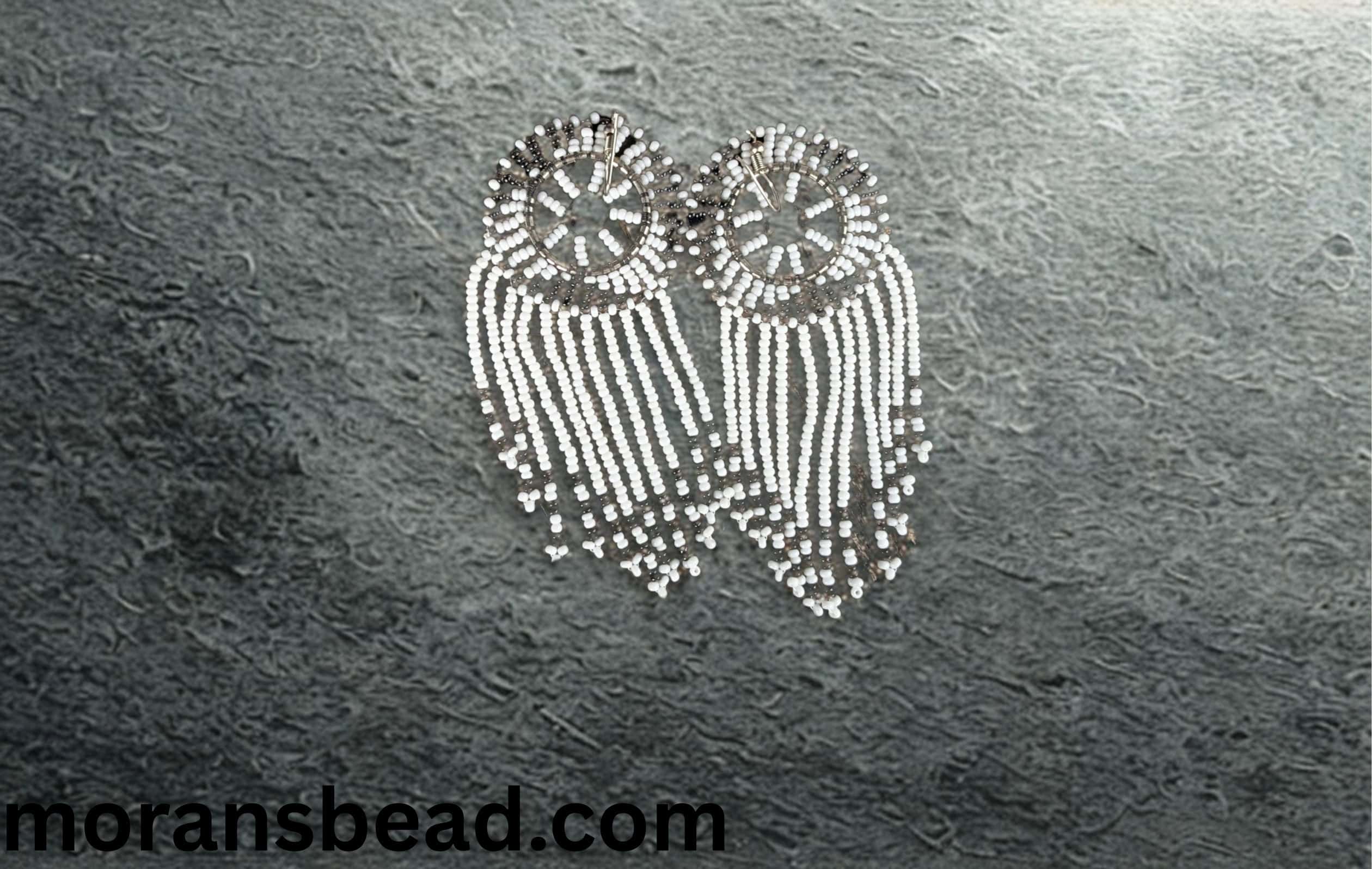 Handcrafted beaded fringe earrings with intricate circular design and dangling beads.