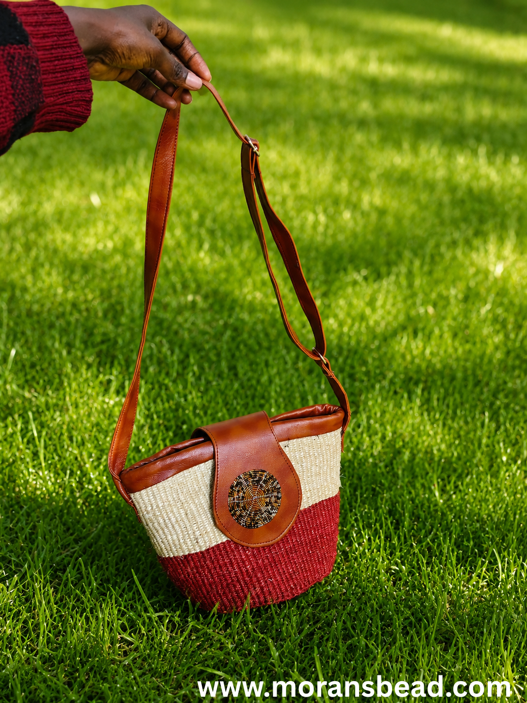 Beaded Leather and Sisal Handbag